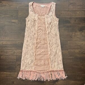 Anthropologie A'Reve Embroidered Crochet Lace Dress Pink Peach Lined Sz Medium